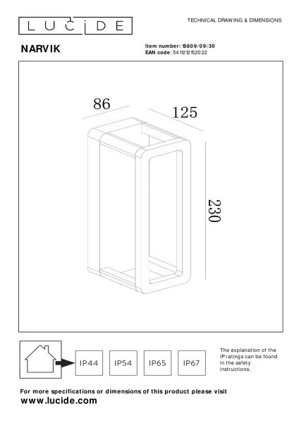 Lucide NARVIK - Applique murale Intérieur/Extérieur - LED - 1x9,2W 3000K - IP65 - Noir - technique